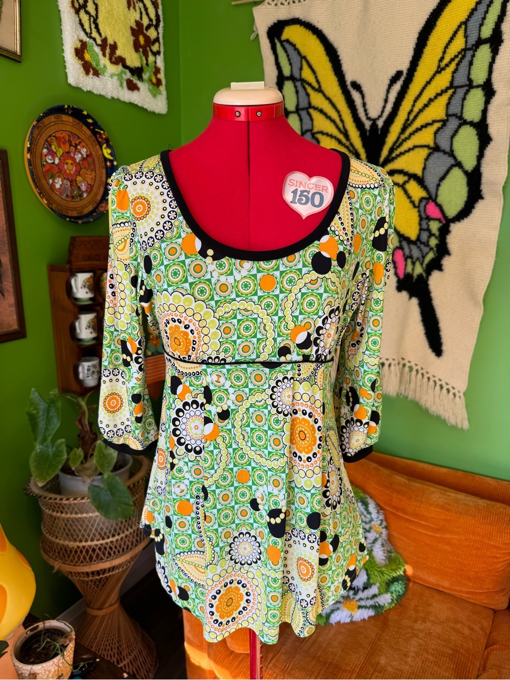 Women's Green Patterned Scoop Neck Tunic Top